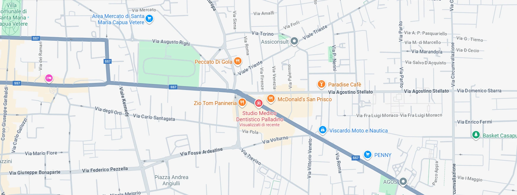 Mappa che mostra la posizione del Centro Odontoiatrico Palladino presso il Centro Polifunzionale Le Corti, Via Nazionale Appia 81, Caserta